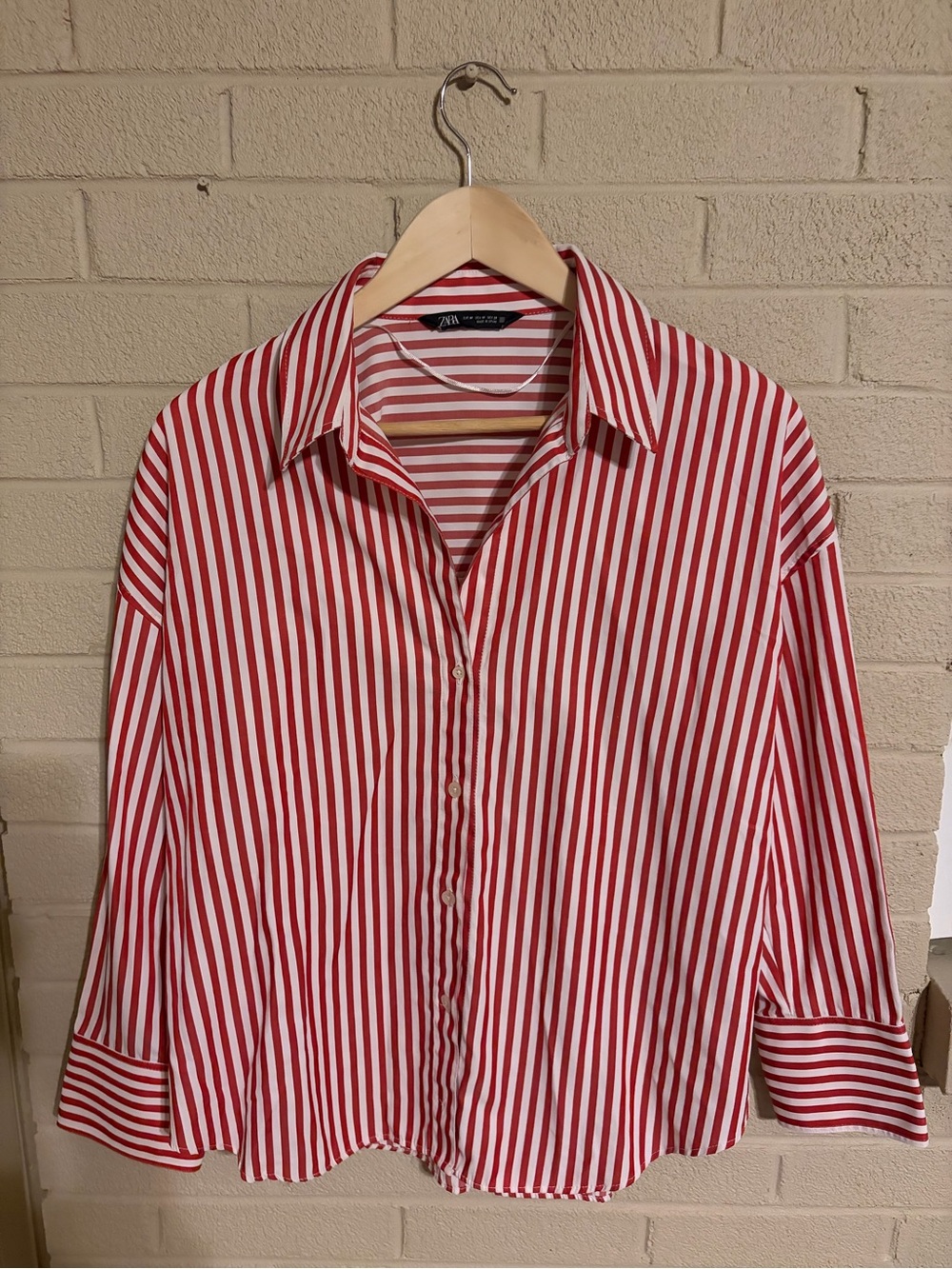 Zara Red and White Vertical Stripe Casual Button-Down Shirt